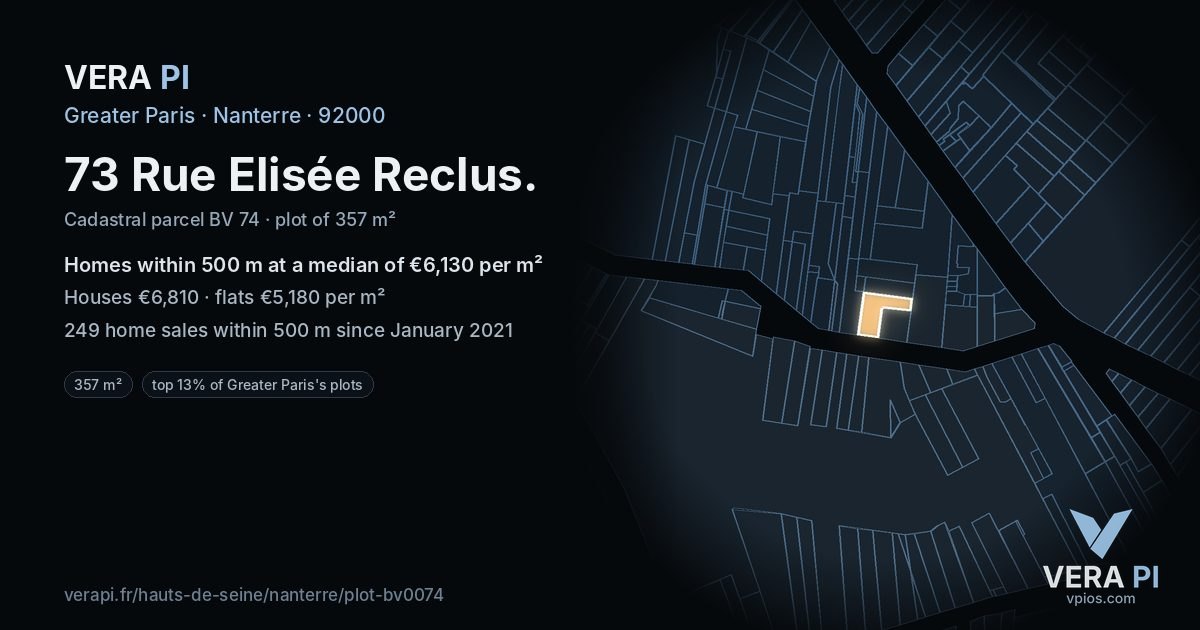 73 Rue Elisée Reclus, Nanterre at night – the plot lit, the parcels around coloured by the prices near them