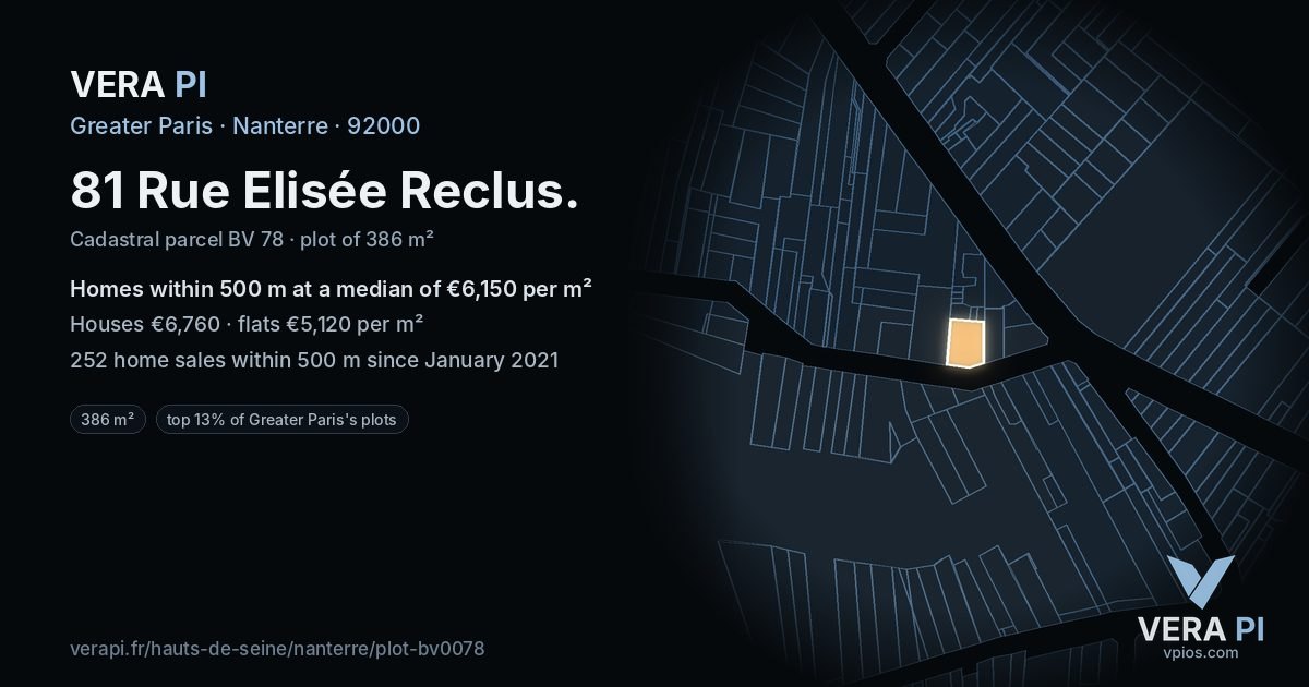 81 Rue Elisée Reclus, Nanterre at night – the plot lit, the parcels around coloured by the prices near them