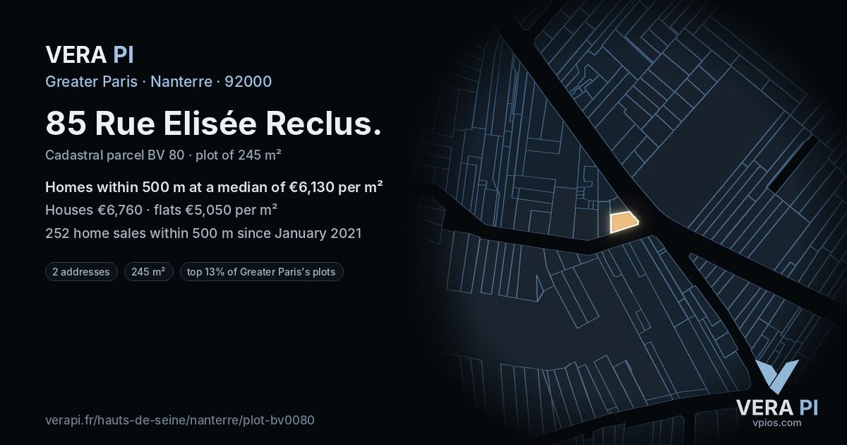 85 Rue Elisée Reclus, Nanterre at night – the plot lit, the parcels around coloured by the prices near them