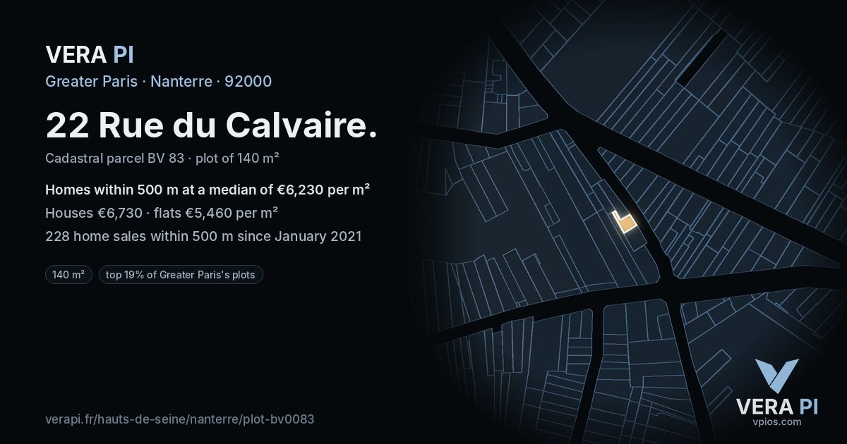 22 Rue du Calvaire, Nanterre at night – the plot lit, the parcels around coloured by the prices near them