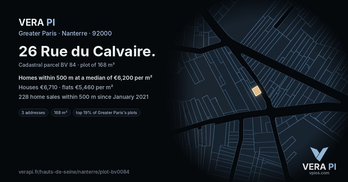 26 Rue du Calvaire, Nanterre at night – the plot lit, the parcels around coloured by the prices near them