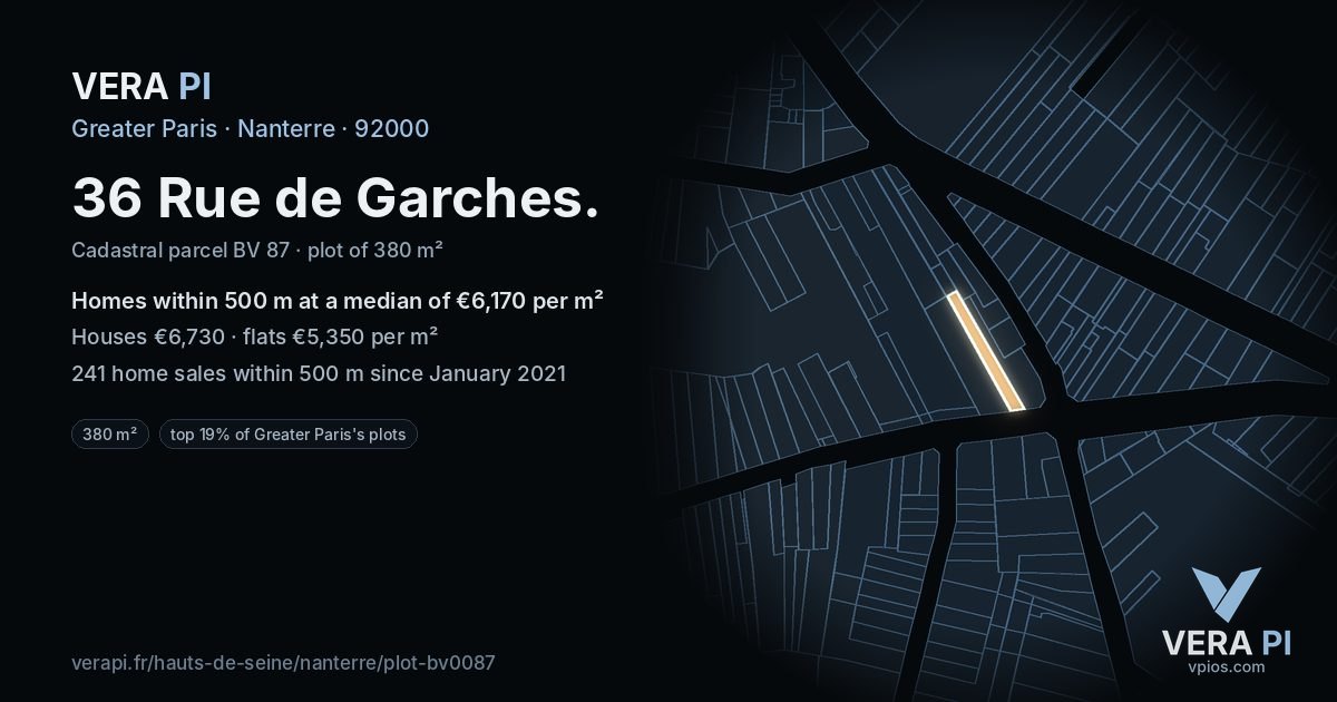 36 Rue de Garches, Nanterre at night – the plot lit, the parcels around coloured by the prices near them