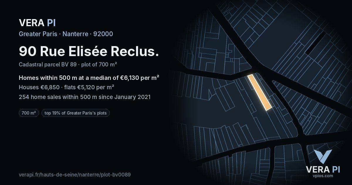 90 Rue Elisée Reclus, Nanterre at night – the plot lit, the parcels around coloured by the prices near them