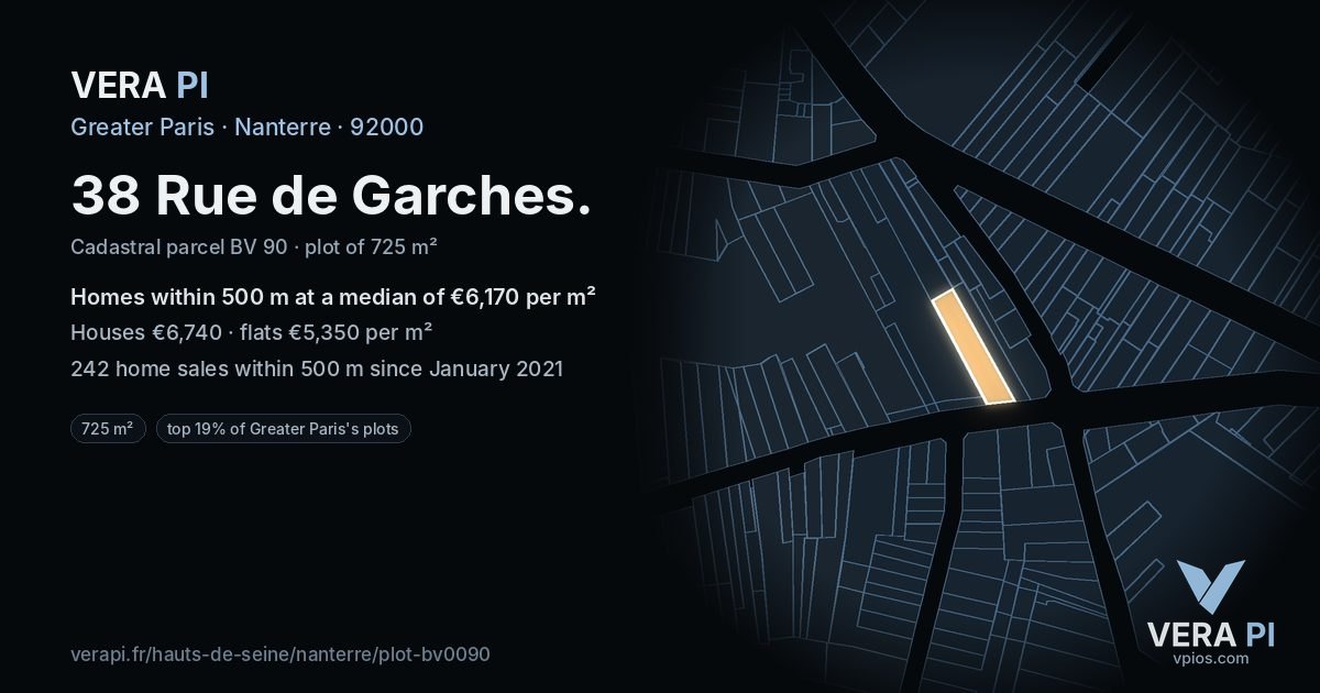38 Rue de Garches, Nanterre at night – the plot lit, the parcels around coloured by the prices near them