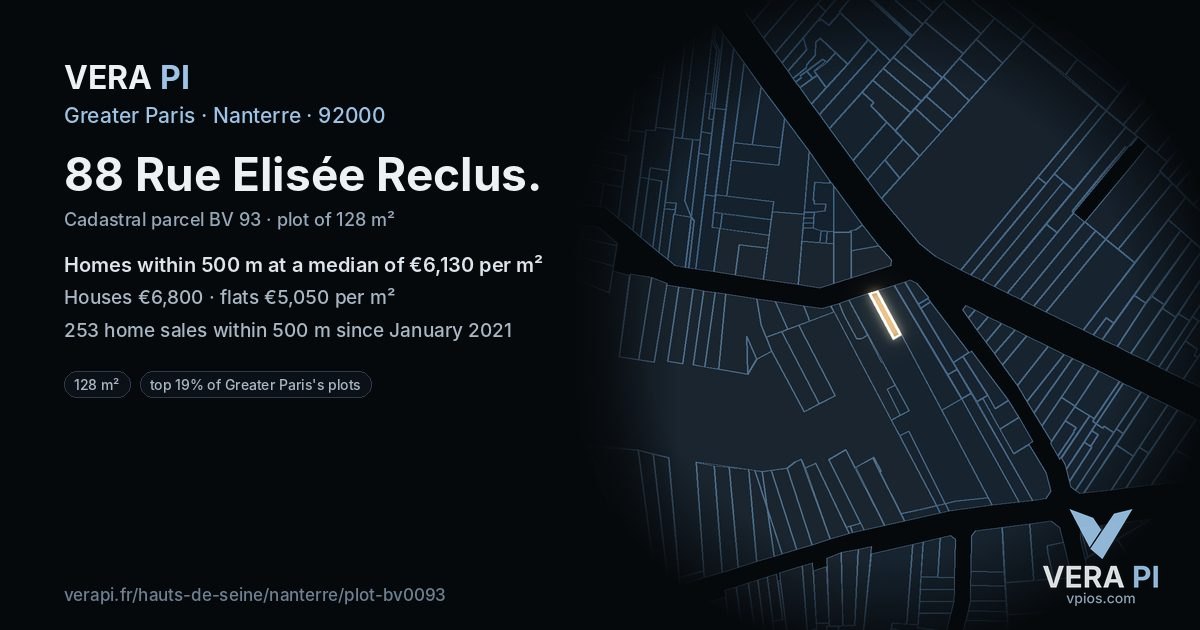 88 Rue Elisée Reclus, Nanterre at night – the plot lit, the parcels around coloured by the prices near them