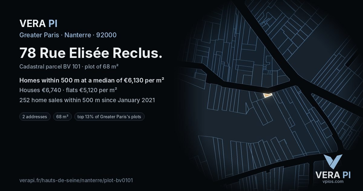 78 Rue Elisée Reclus, Nanterre at night – the plot lit, the parcels around coloured by the prices near them