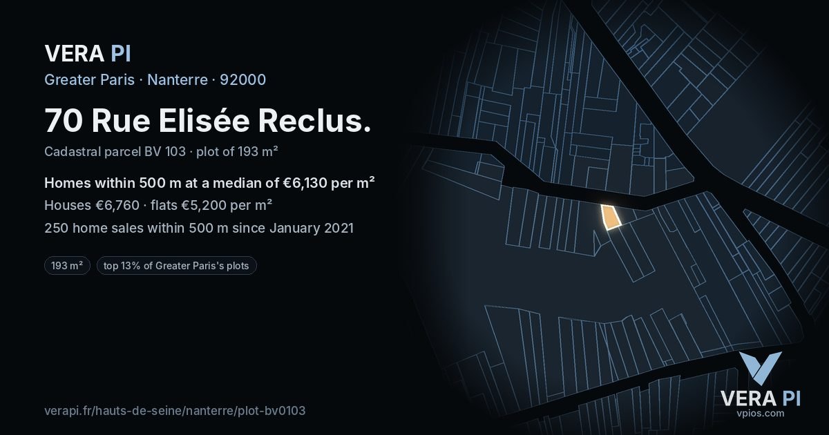 70 Rue Elisée Reclus, Nanterre at night – the plot lit, the parcels around coloured by the prices near them