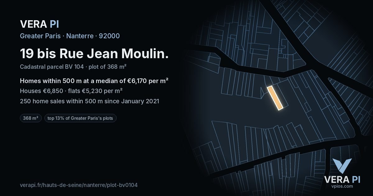 19 bis Rue Jean Moulin, Nanterre at night – the plot lit, the parcels around coloured by the prices near them