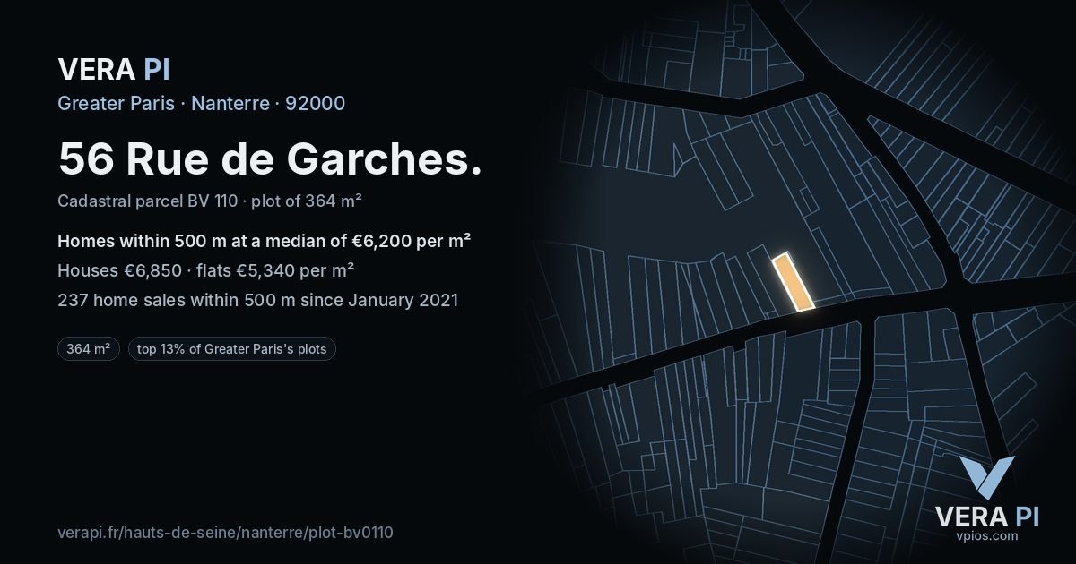 56 Rue de Garches, Nanterre at night – the plot lit, the parcels around coloured by the prices near them