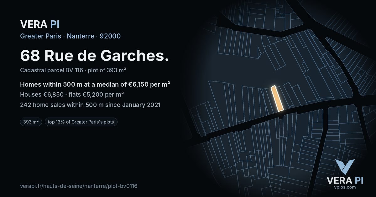 68 Rue de Garches, Nanterre at night – the plot lit, the parcels around coloured by the prices near them