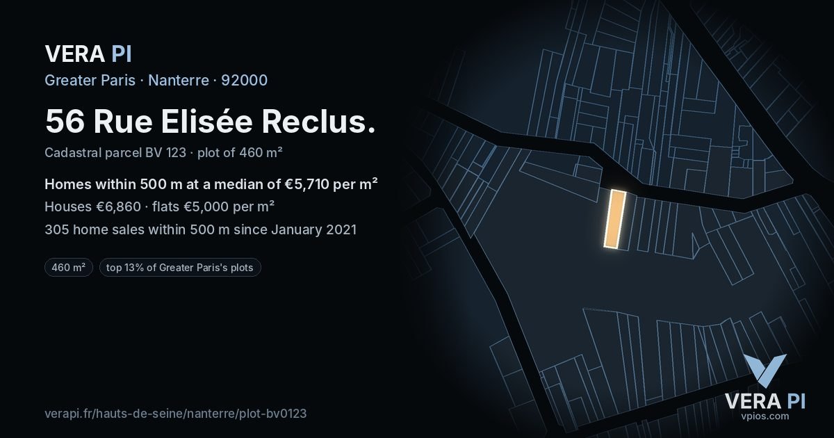 56 Rue Elisée Reclus, Nanterre at night – the plot lit, the parcels around coloured by the prices near them