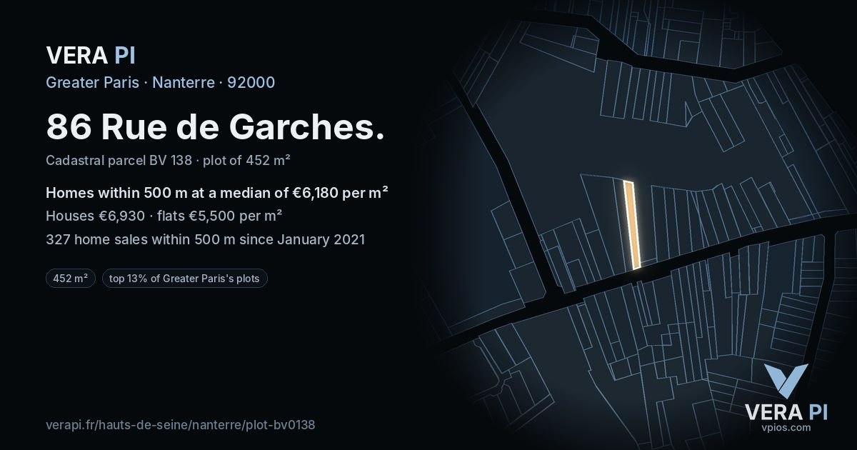 86 Rue de Garches, Nanterre at night – the plot lit, the parcels around coloured by the prices near them