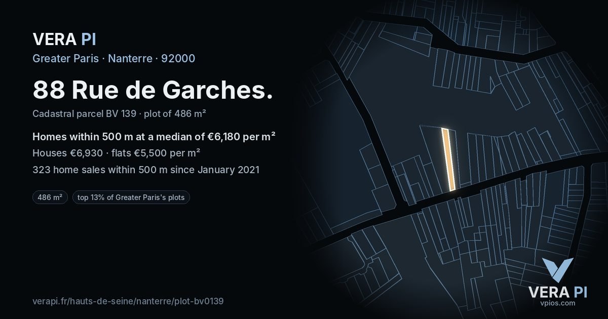 88 Rue de Garches, Nanterre at night – the plot lit, the parcels around coloured by the prices near them