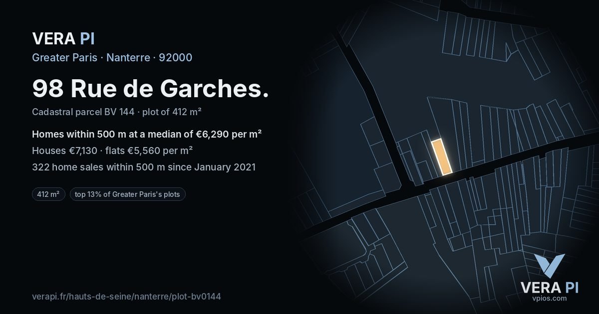 98 Rue de Garches, Nanterre at night – the plot lit, the parcels around coloured by the prices near them