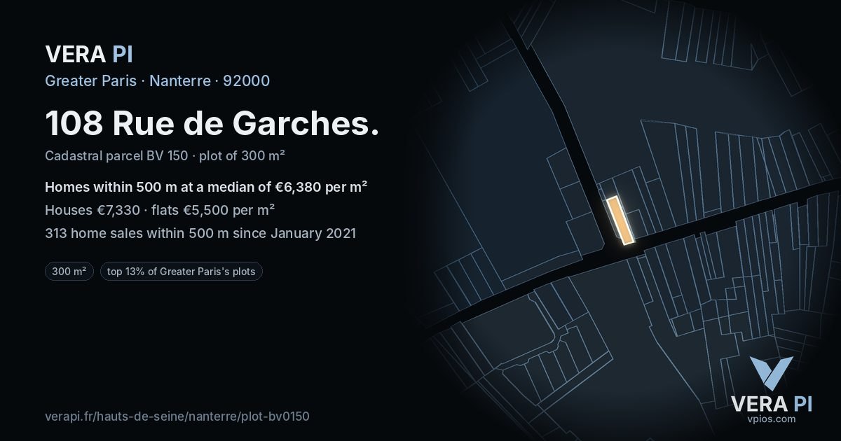 108 Rue de Garches, Nanterre at night – the plot lit, the parcels around coloured by the prices near them
