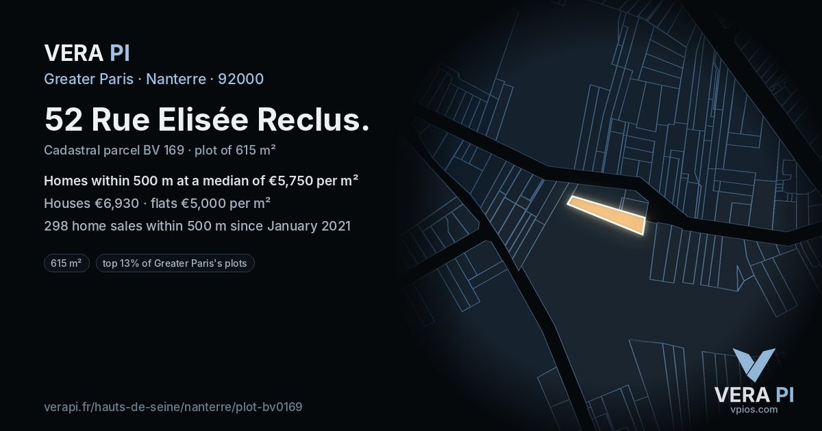 52 Rue Elisée Reclus, Nanterre at night – the plot lit, the parcels around coloured by the prices near them