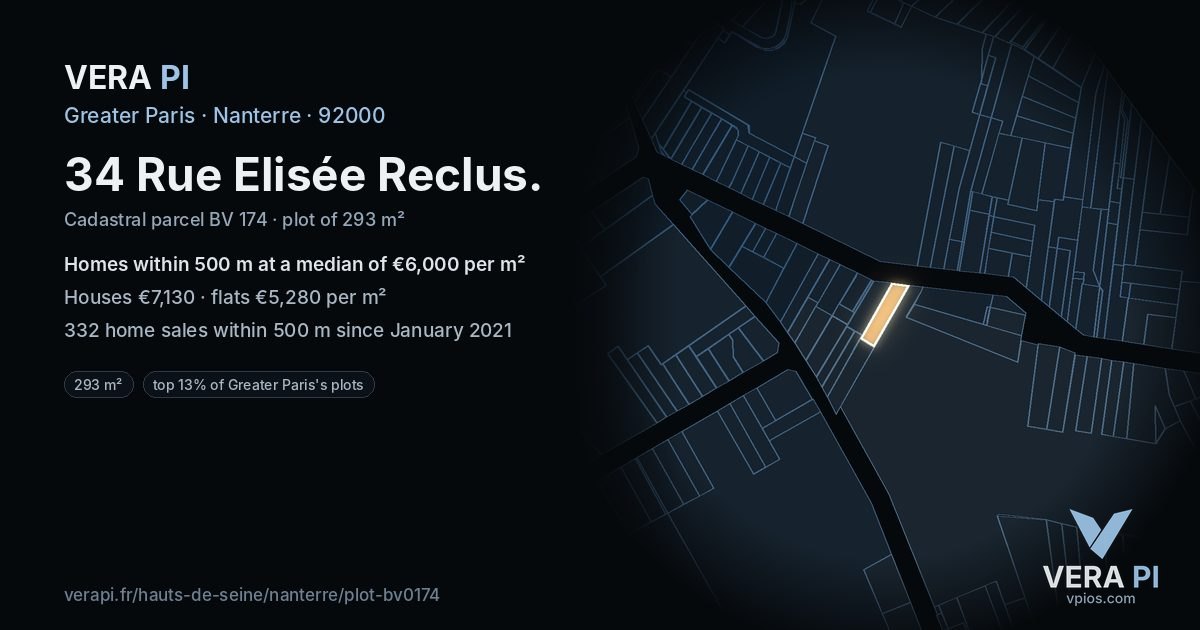 34 Rue Elisée Reclus, Nanterre at night – the plot lit, the parcels around coloured by the prices near them