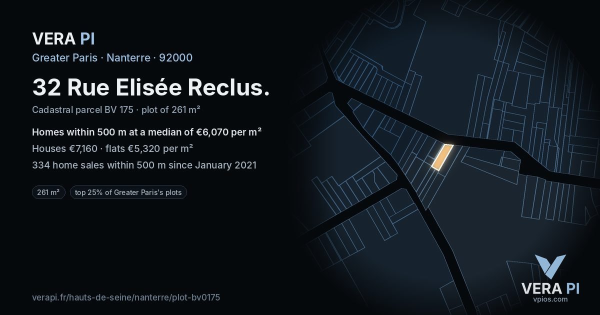 32 Rue Elisée Reclus, Nanterre at night – the plot lit, the parcels around coloured by the prices near them