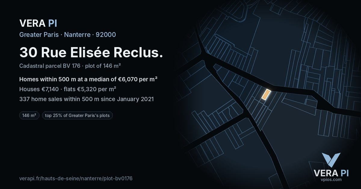 30 Rue Elisée Reclus, Nanterre at night – the plot lit, the parcels around coloured by the prices near them