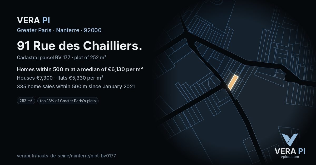 91 Rue des Chailliers, Nanterre at night – the plot lit, the parcels around coloured by the prices near them