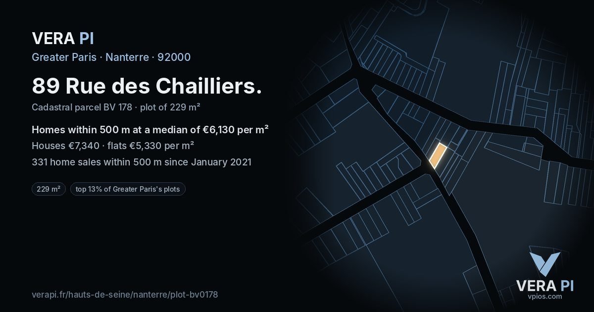 89 Rue des Chailliers, Nanterre at night – the plot lit, the parcels around coloured by the prices near them