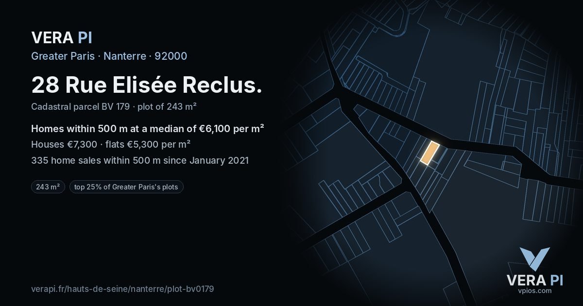 28 Rue Elisée Reclus, Nanterre at night – the plot lit, the parcels around coloured by the prices near them