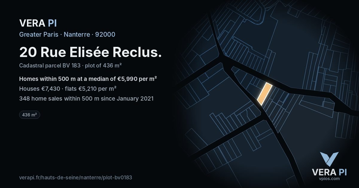 20 Rue Elisée Reclus, Nanterre at night – the plot lit, the parcels around coloured by the prices near them