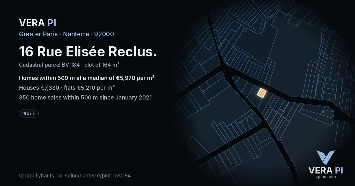 16 Rue Elisée Reclus, Nanterre at night – the plot lit, the parcels around coloured by the prices near them