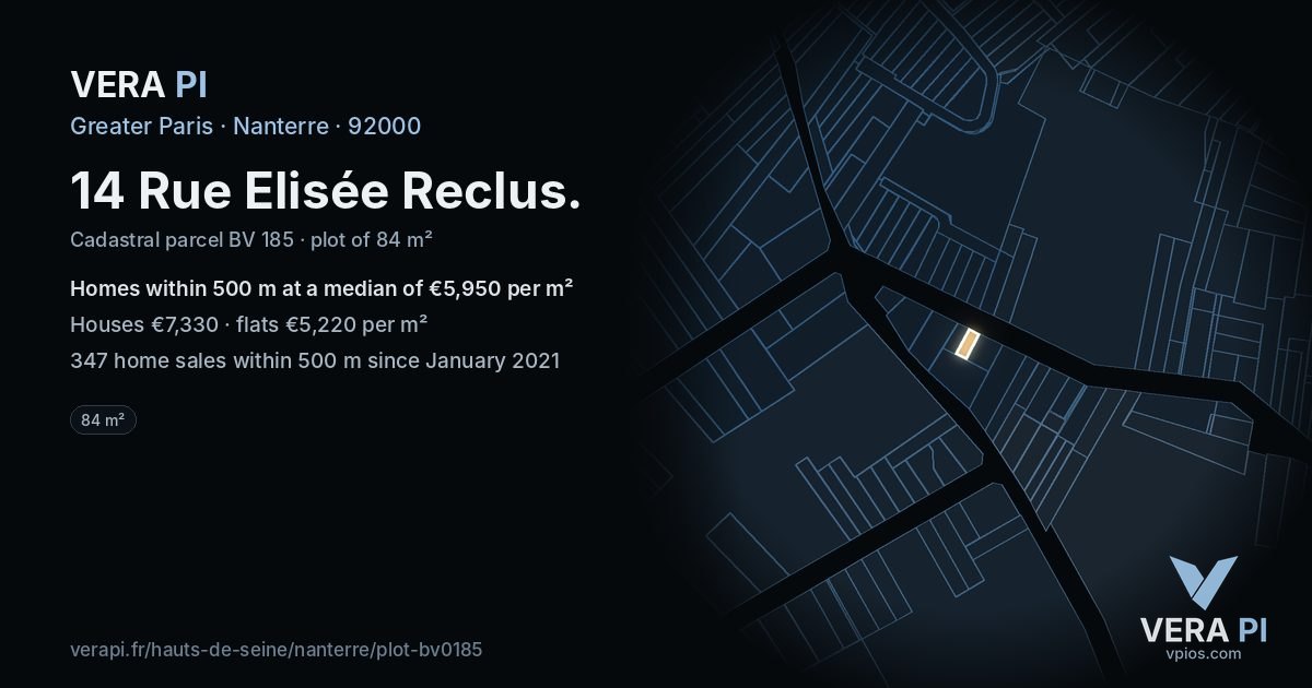 14 Rue Elisée Reclus, Nanterre at night – the plot lit, the parcels around coloured by the prices near them