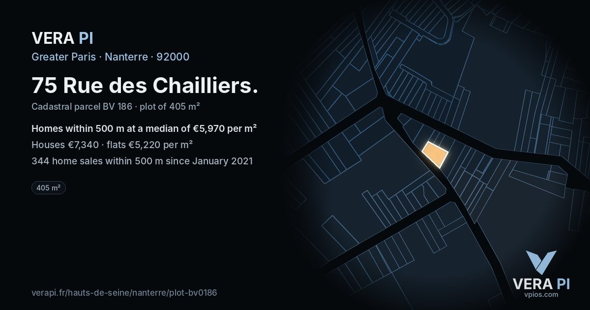 75 Rue des Chailliers, Nanterre at night – the plot lit, the parcels around coloured by the prices near them