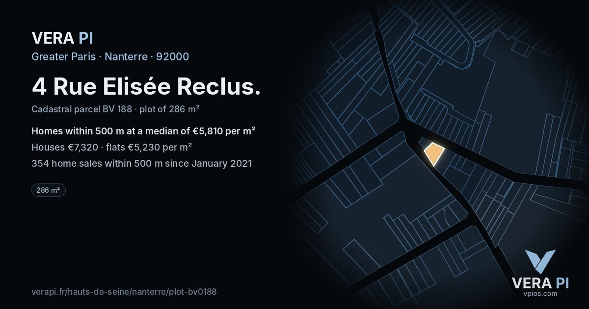 4 Rue Elisée Reclus, Nanterre at night – the plot lit, the parcels around coloured by the prices near them