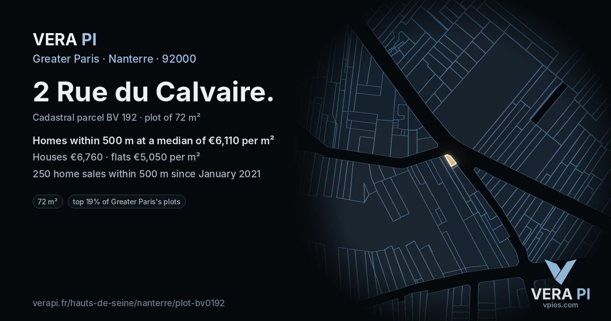 2 Rue du Calvaire, Nanterre at night – the plot lit, the parcels around coloured by the prices near them