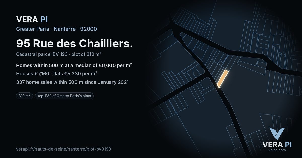 95 Rue des Chailliers, Nanterre at night – the plot lit, the parcels around coloured by the prices near them