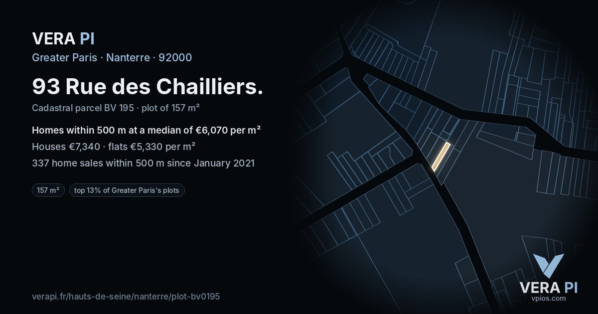93 Rue des Chailliers, Nanterre at night – the plot lit, the parcels around coloured by the prices near them