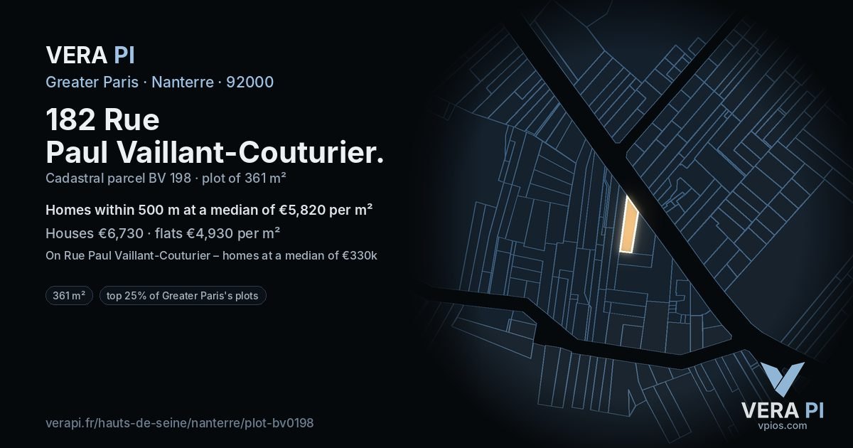 182 Rue Paul Vaillant-Couturier, Nanterre at night – the plot lit, the parcels around coloured by the prices near them