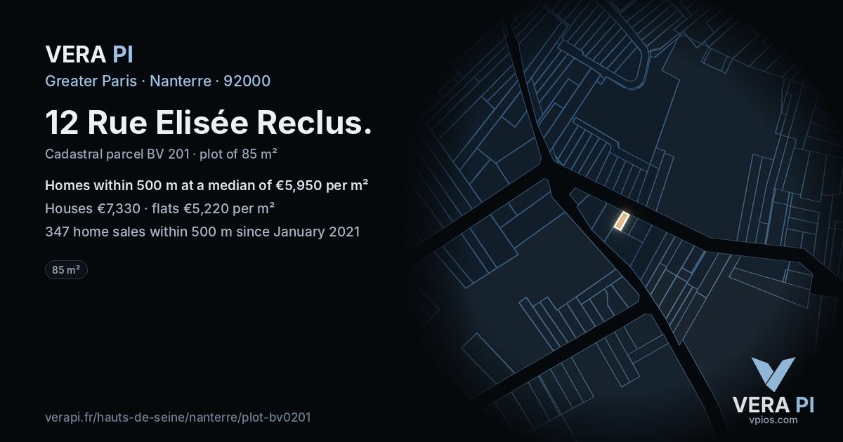12 Rue Elisée Reclus, Nanterre at night – the plot lit, the parcels around coloured by the prices near them