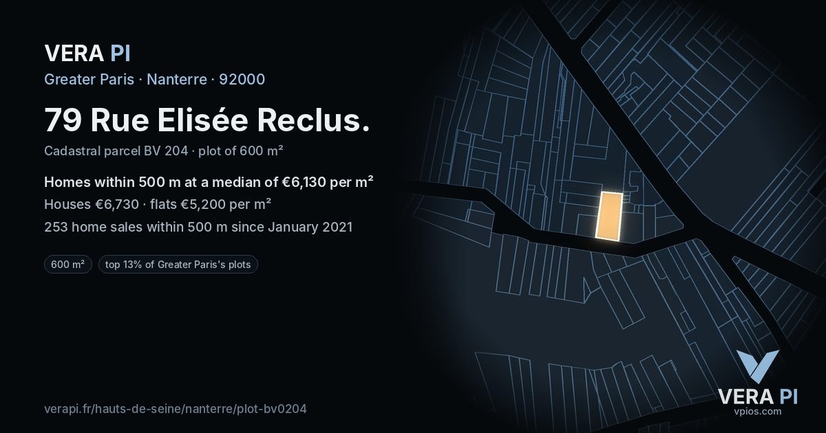 79 Rue Elisée Reclus, Nanterre at night – the plot lit, the parcels around coloured by the prices near them