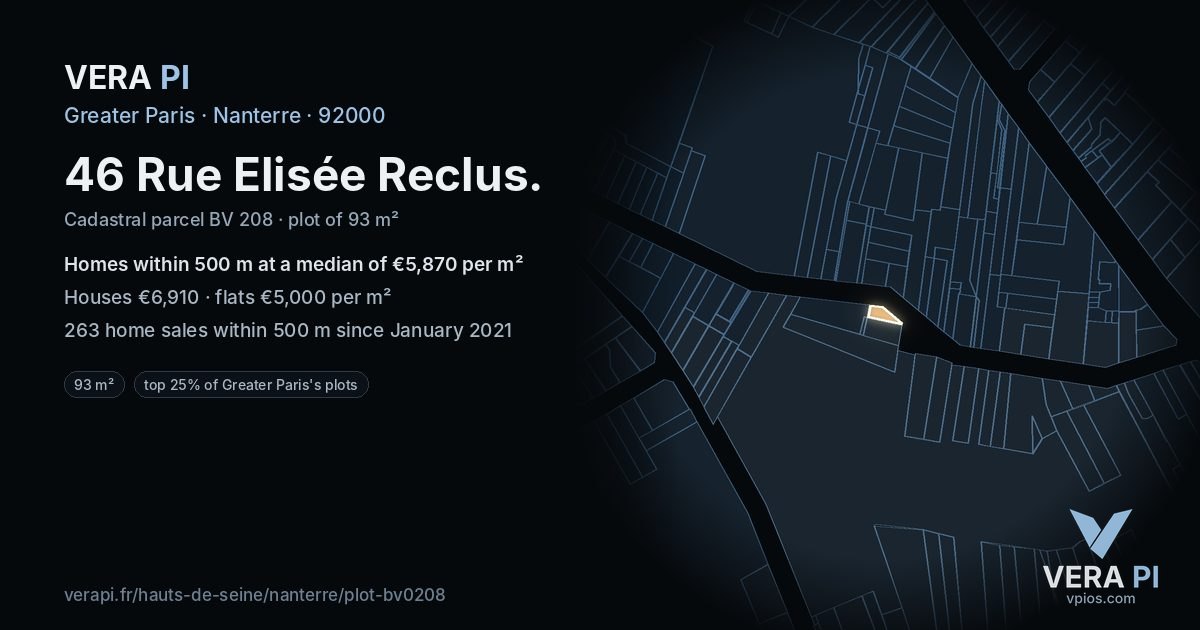 46 Rue Elisée Reclus, Nanterre at night – the plot lit, the parcels around coloured by the prices near them