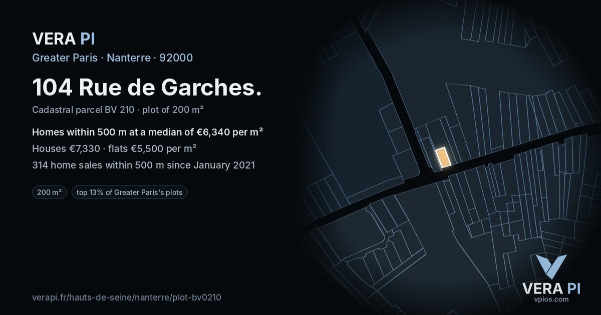 104 Rue de Garches, Nanterre at night – the plot lit, the parcels around coloured by the prices near them