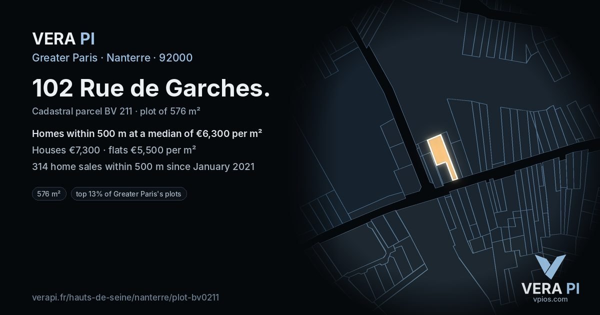 102 Rue de Garches, Nanterre at night – the plot lit, the parcels around coloured by the prices near them