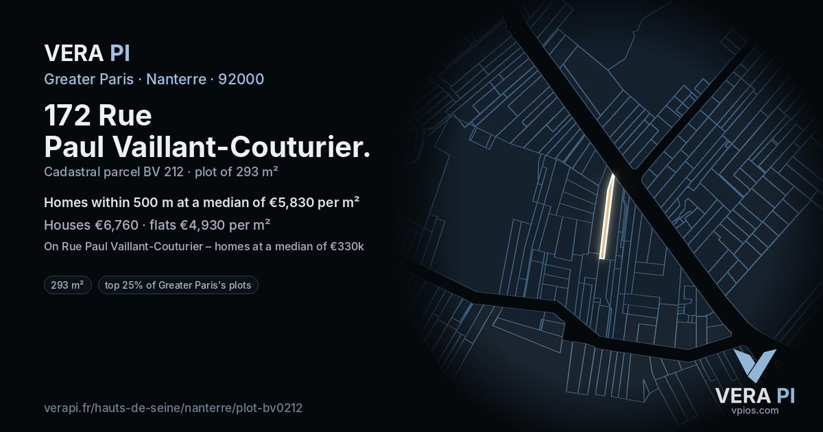 172 Rue Paul Vaillant-Couturier, Nanterre at night – the plot lit, the parcels around coloured by the prices near them