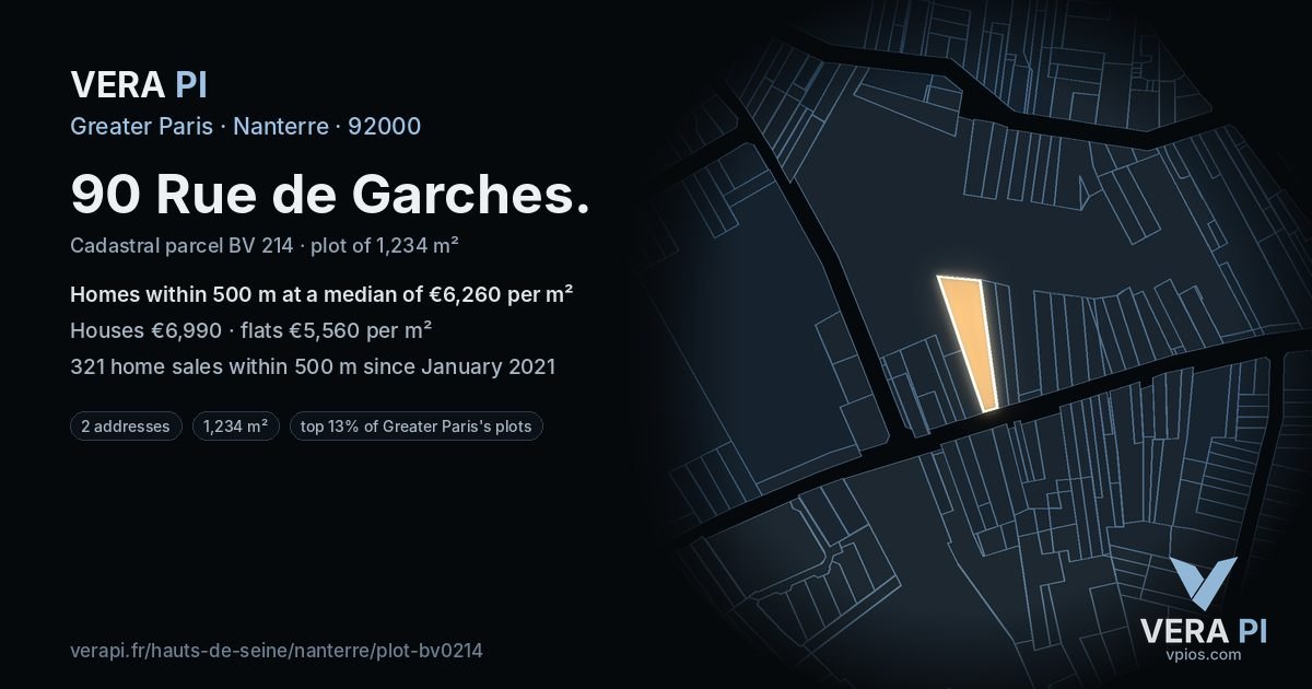 90 Rue de Garches, Nanterre at night – the plot lit, the parcels around coloured by the prices near them