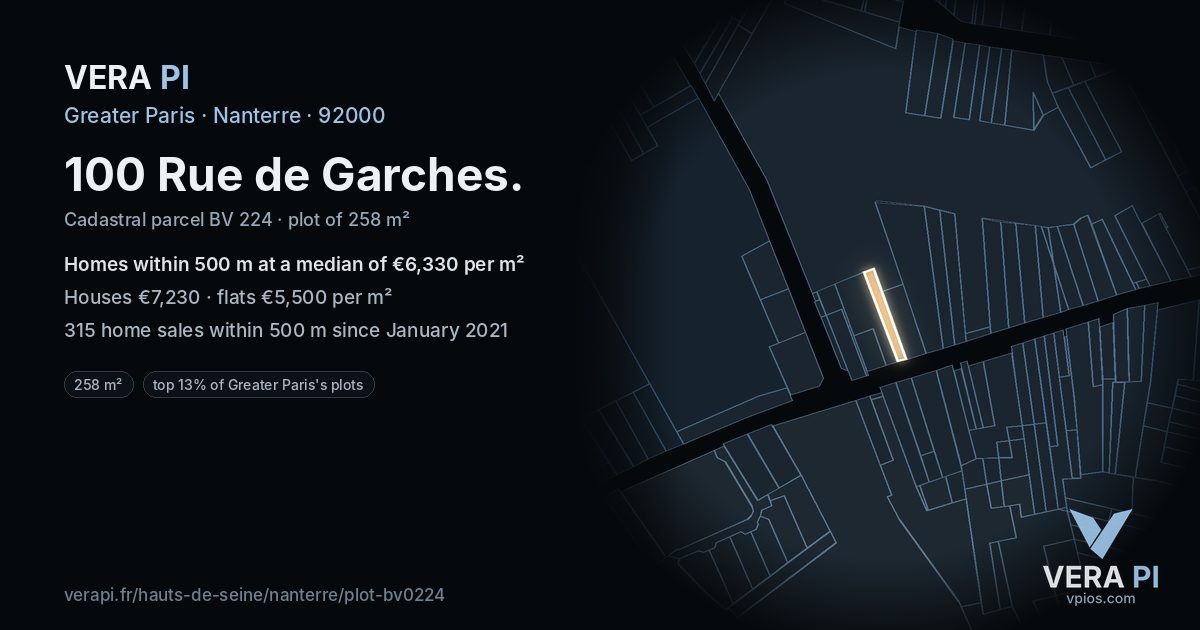 100 Rue de Garches, Nanterre at night – the plot lit, the parcels around coloured by the prices near them
