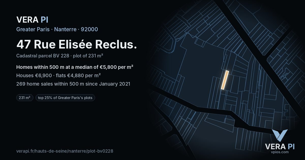 47 Rue Elisée Reclus, Nanterre at night – the plot lit, the parcels around coloured by the prices near them
