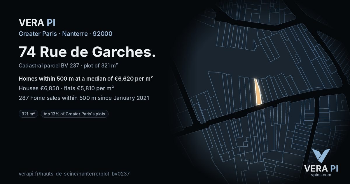 74 Rue de Garches, Nanterre at night – the plot lit, the parcels around coloured by the prices near them