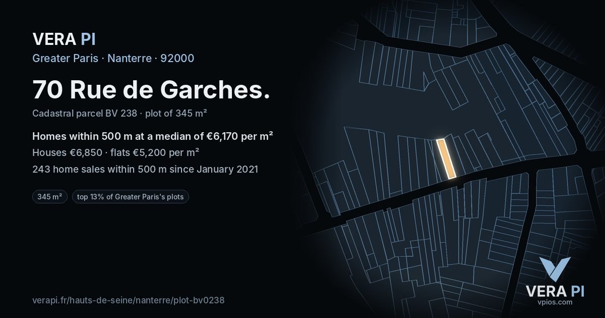 70 Rue de Garches, Nanterre at night – the plot lit, the parcels around coloured by the prices near them