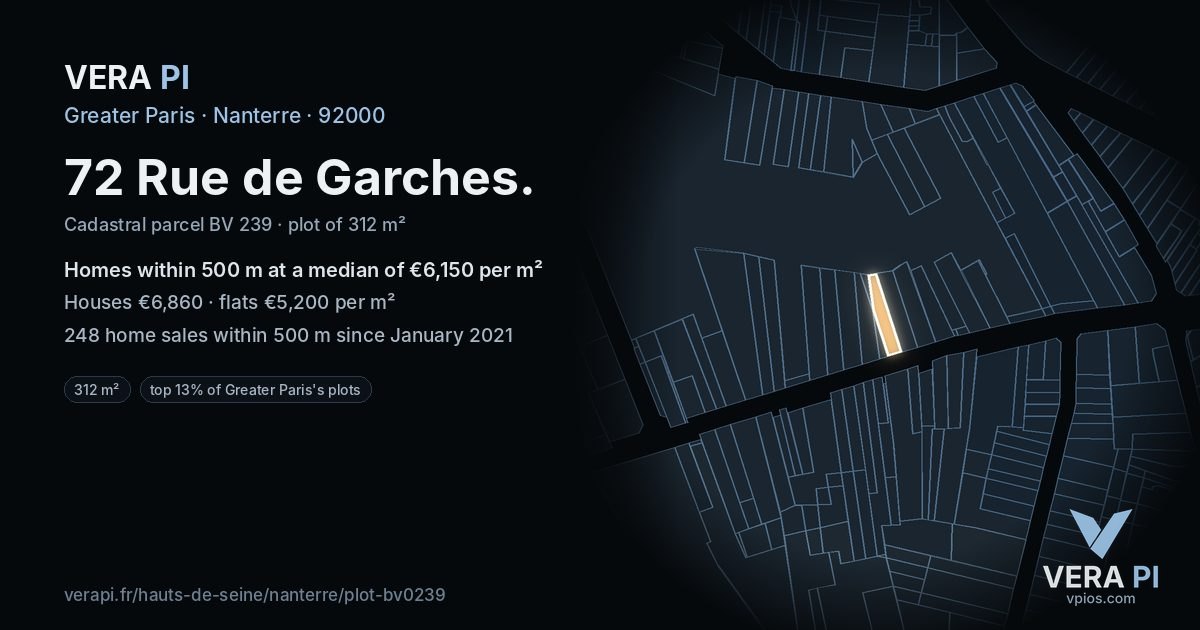 72 Rue de Garches, Nanterre at night – the plot lit, the parcels around coloured by the prices near them