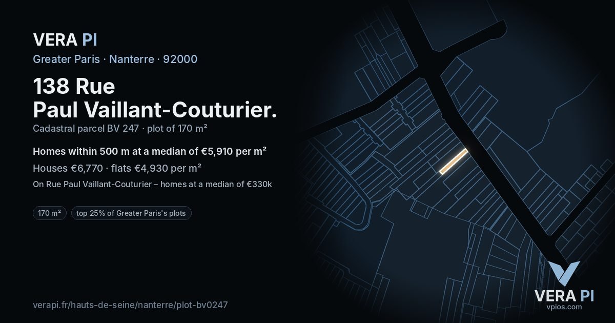 138 Rue Paul Vaillant-Couturier, Nanterre at night – the plot lit, the parcels around coloured by the prices near them