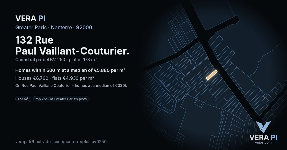 132 Rue Paul Vaillant-Couturier, Nanterre at night – the plot lit, the parcels around coloured by the prices near them