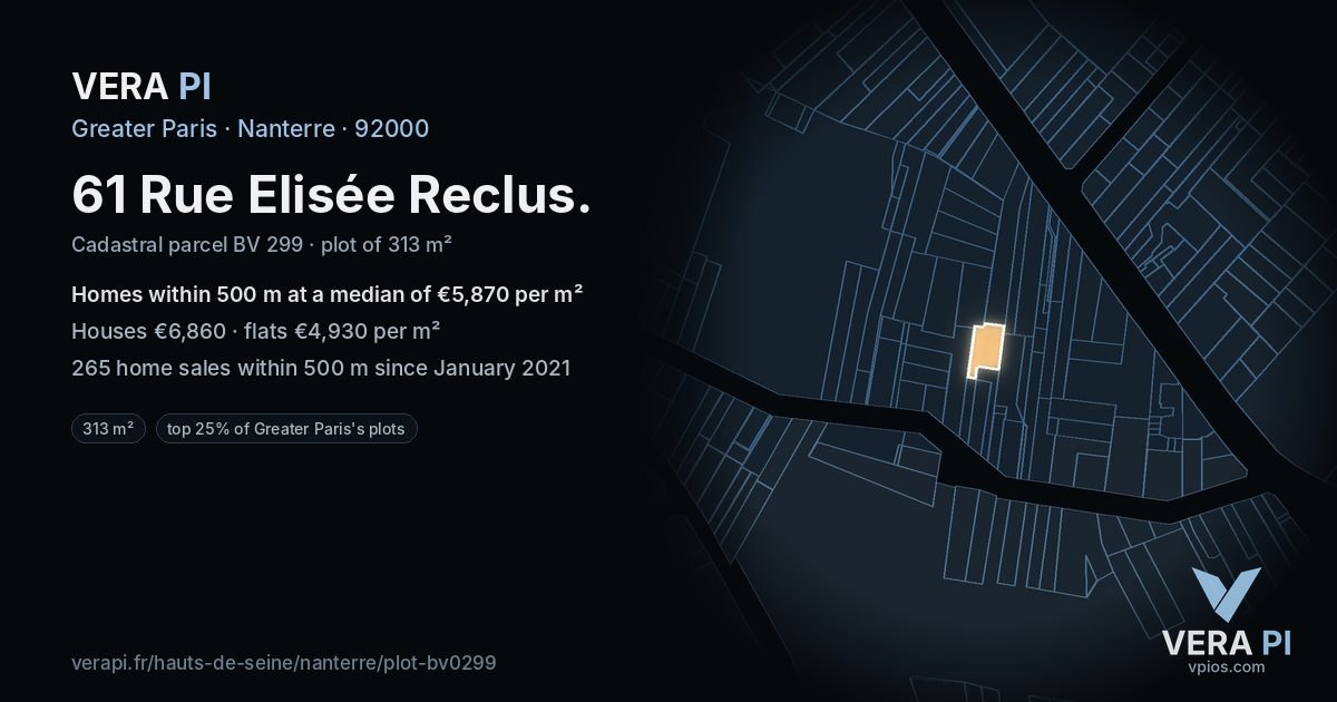 61 Rue Elisée Reclus, Nanterre at night – the plot lit, the parcels around coloured by the prices near them